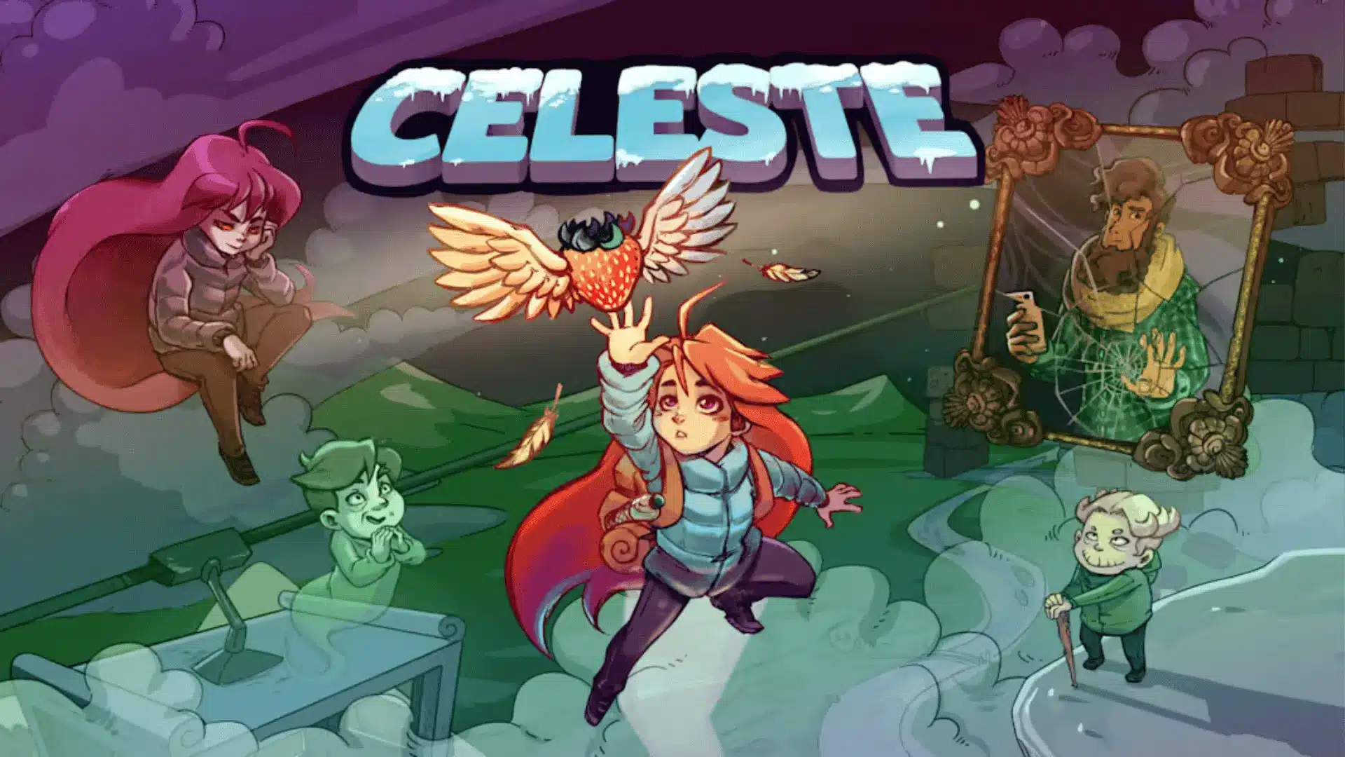 Celeste game artwork featuring a mountain climber character, colorful companions, and a snowy fantasy landscape.