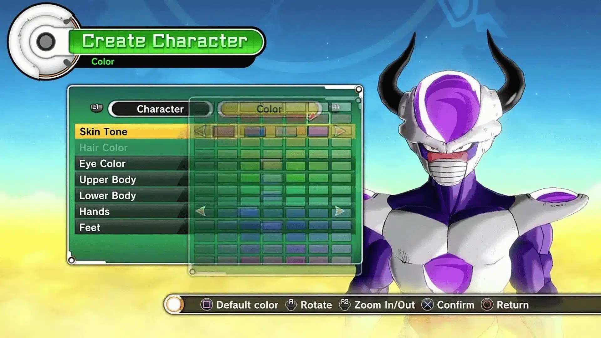 The Frieza Race character creation screen in Dragon Ball Xenoverse 2.