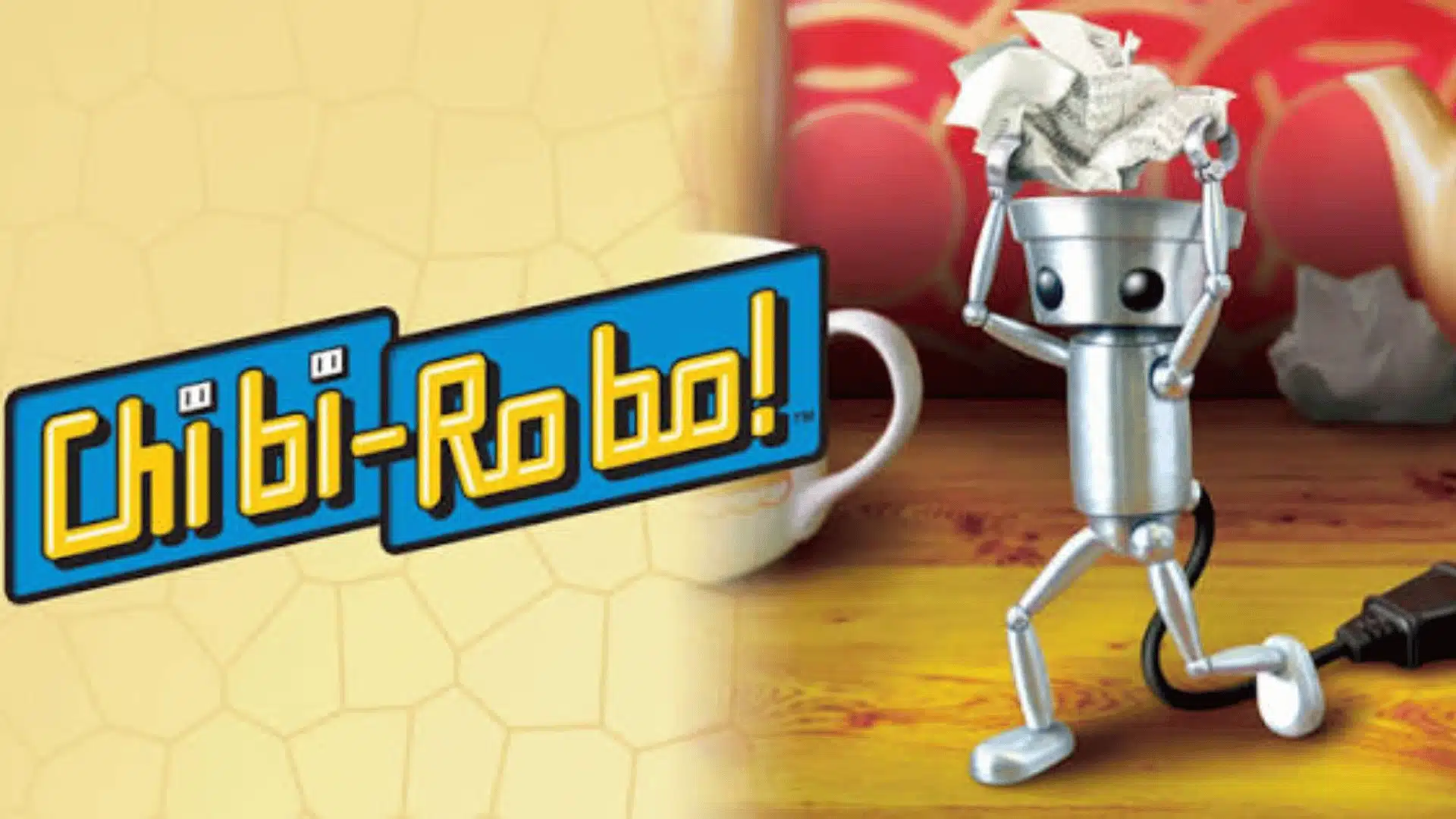 Chibi-Robo! artwork featuring the tiny household robot carrying crumpled paper beside the game logo