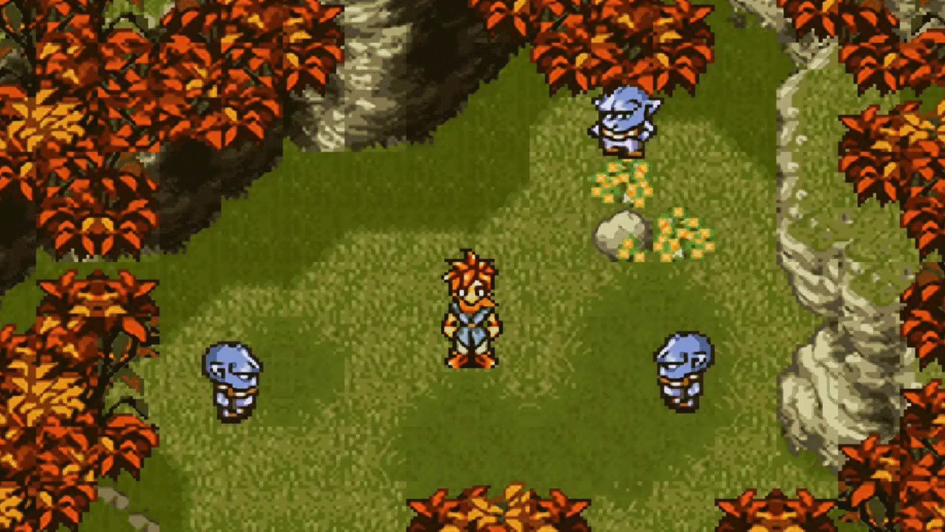 Chrono Trigger SNES overworld encounter with hero surrounded by enemies