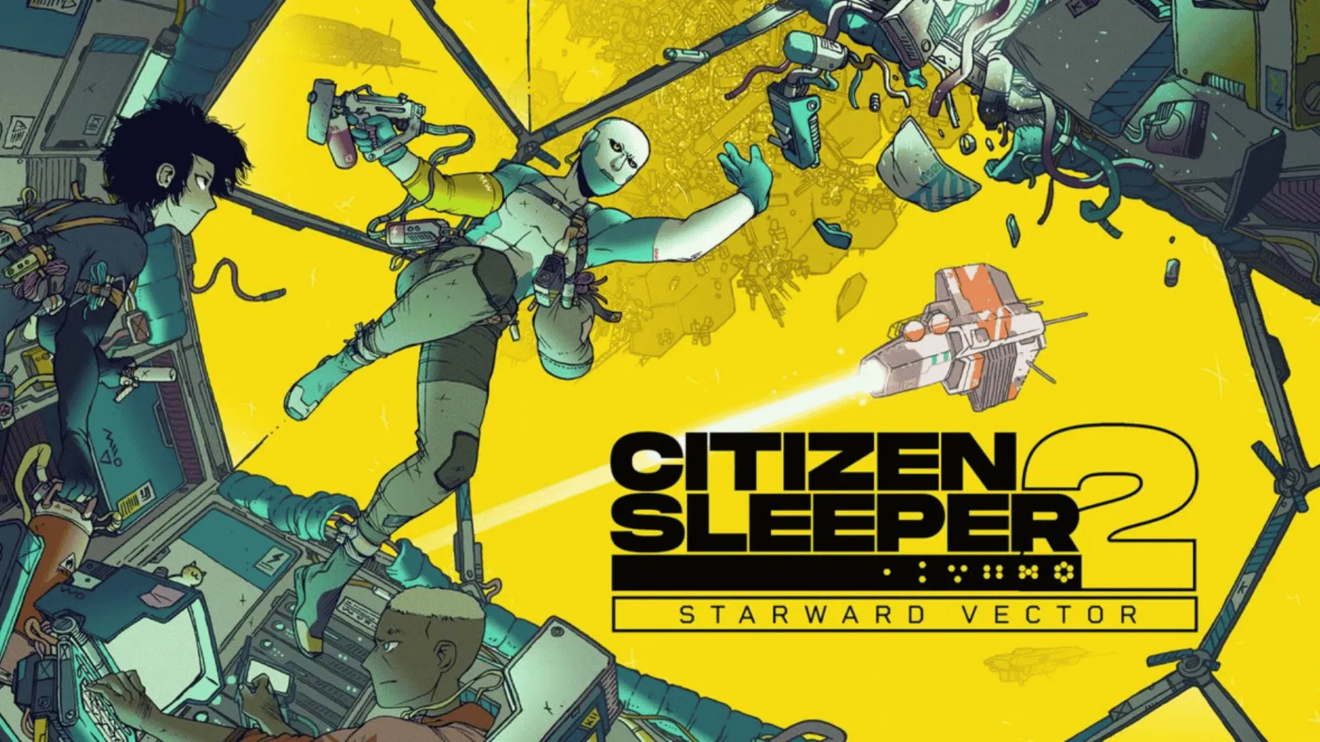 Promotional artwork for Citizen Sleeper 2: Starward Vector showing characters in a zero-gravity spaceship cockpit.