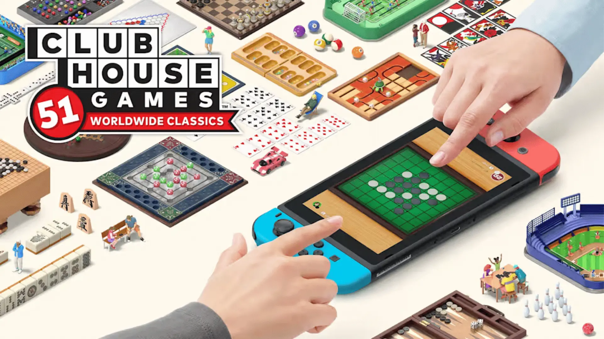 Clubhouse Games 51 Worldwide Classics showing a Nintendo Switch with classic board and card games.