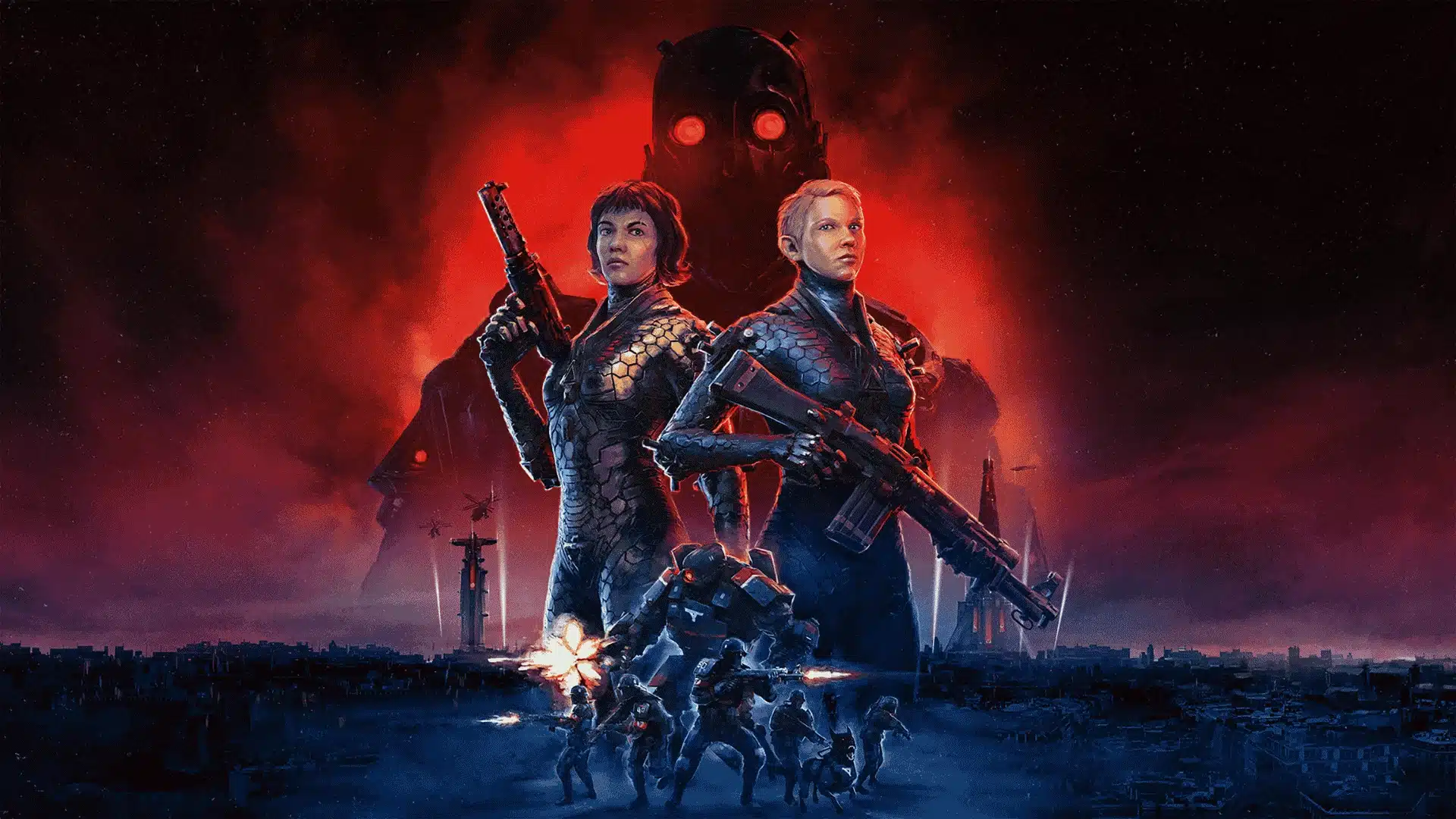 Wolfenstein Youngblood key art showing twin sisters armed and ready for co-op Nazi combat