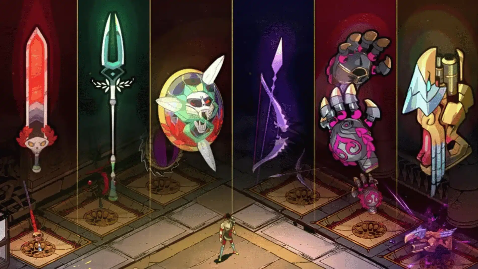 All six Infernal Arms in Hades displayed in the weapon chamber, showcasing the sword, spear, shield, bow, fists, and rail.