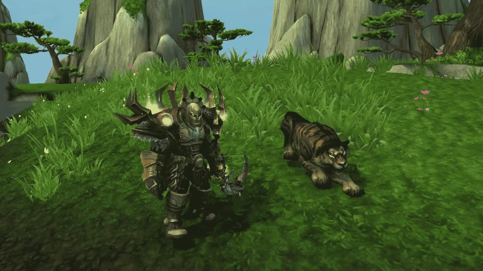 WoW Hunter standing beside a cat pet in a lush forest environment