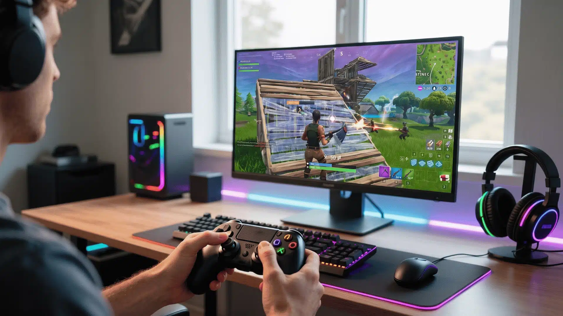 Gamer using a controller to play Fortnite on a monitor with RGB keyboard, mouse, and headset