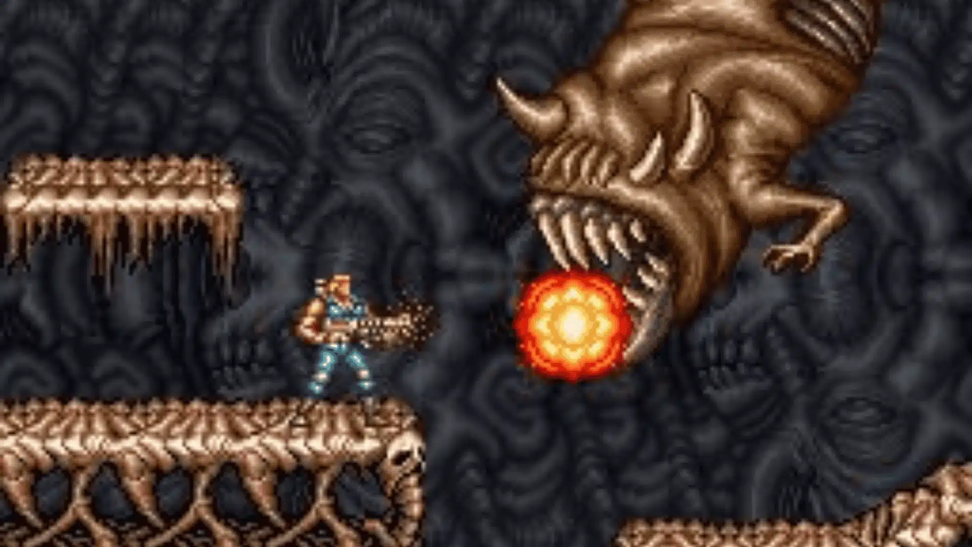 Contra III Alien Wars SNES side-scrolling level with soldier facing boss