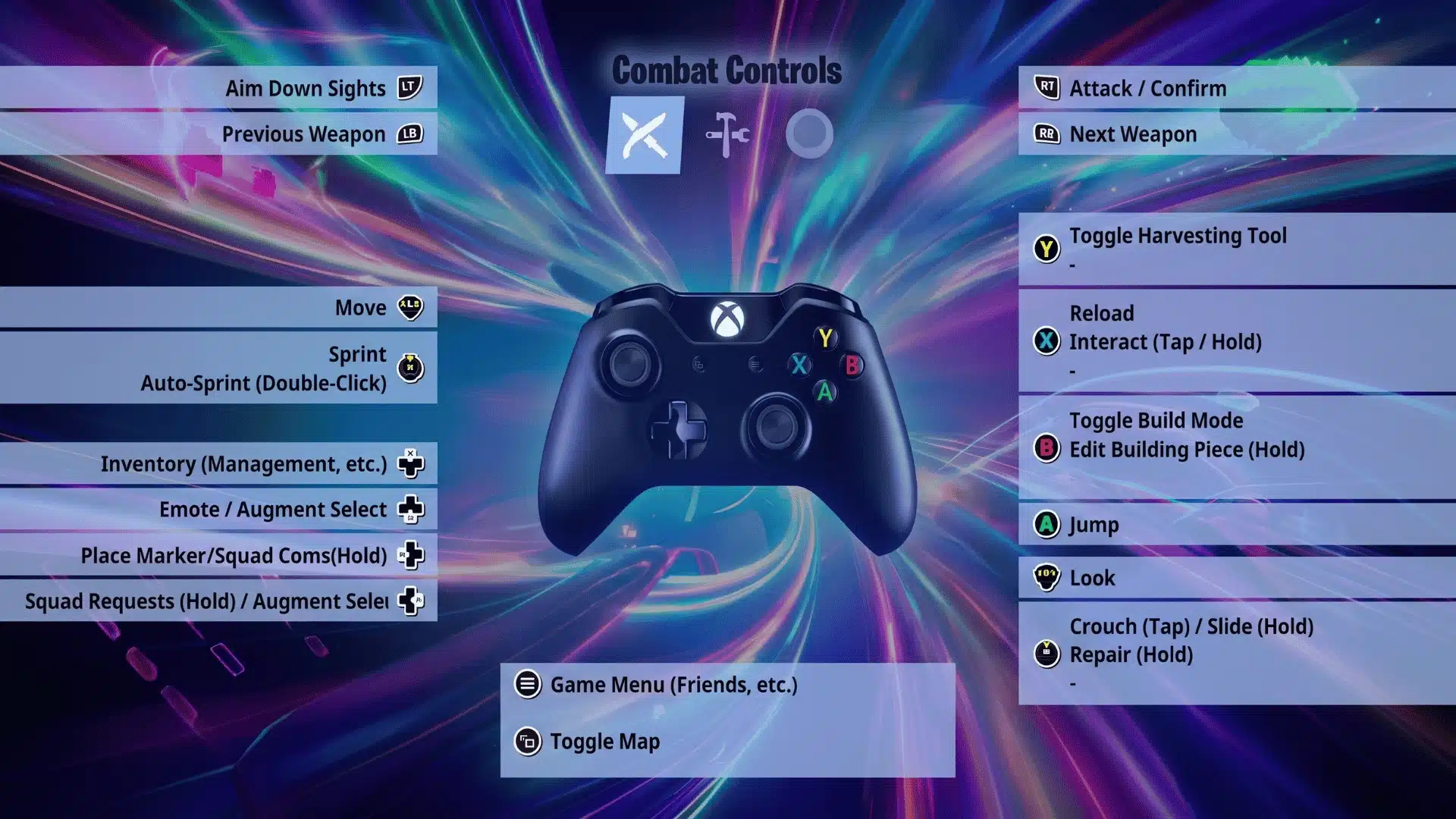 Fortnite controller button layout screen showing Xbox combat controls and movement inputs.