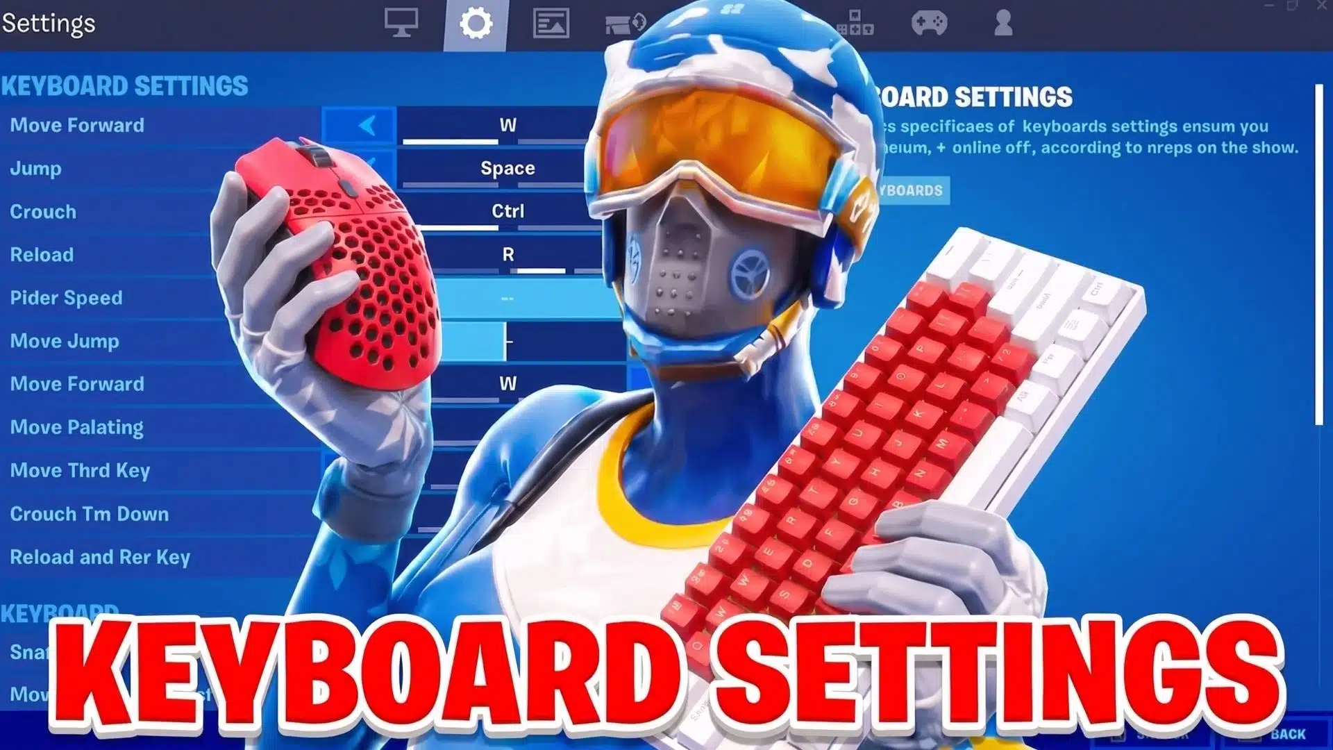 Fortnite keyboard settings graphic showing a character holding a mouse and keyboard over keybind menu.