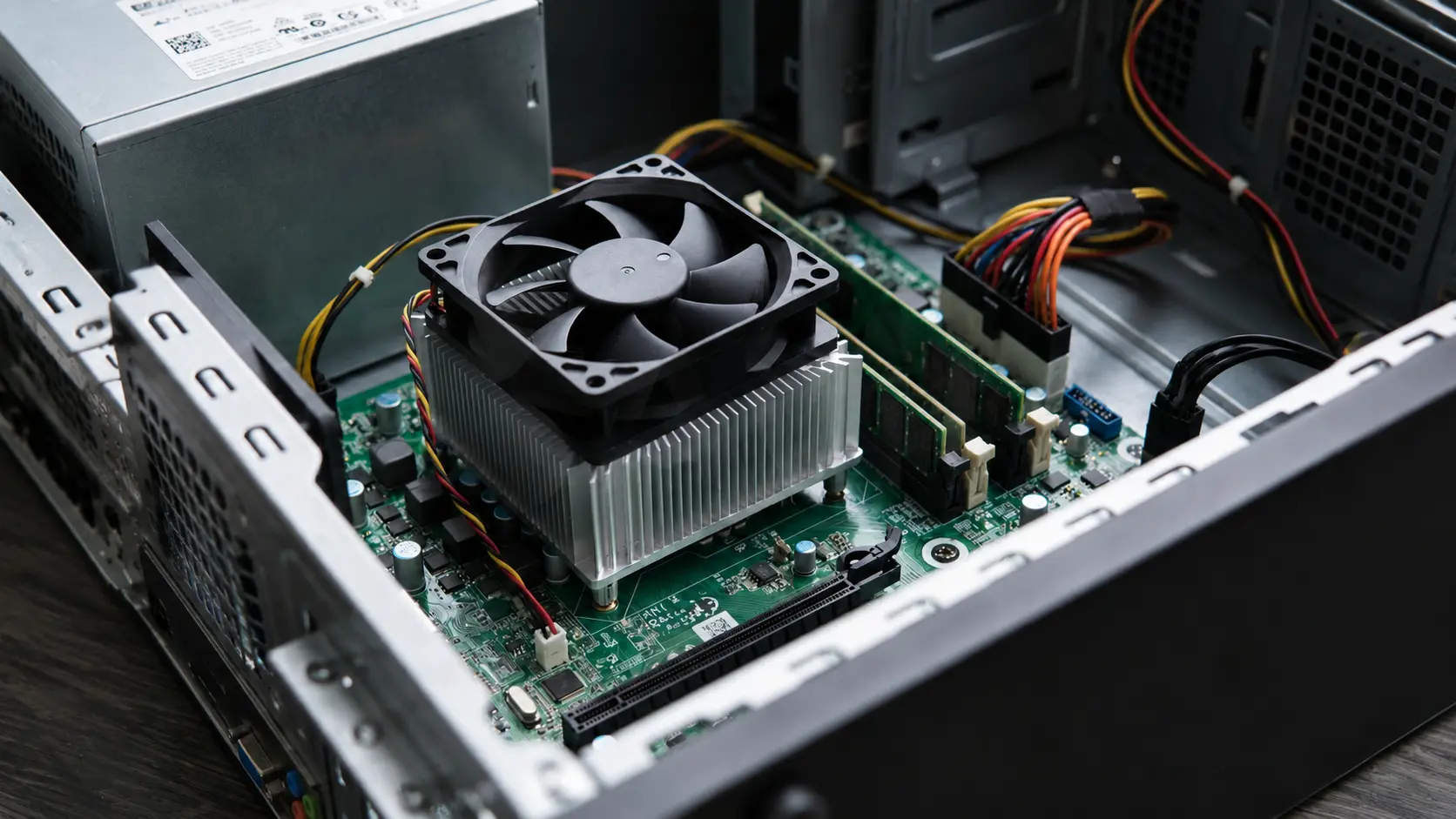 Desktop CPU on motherboard with heatsink and fan inside open computer case