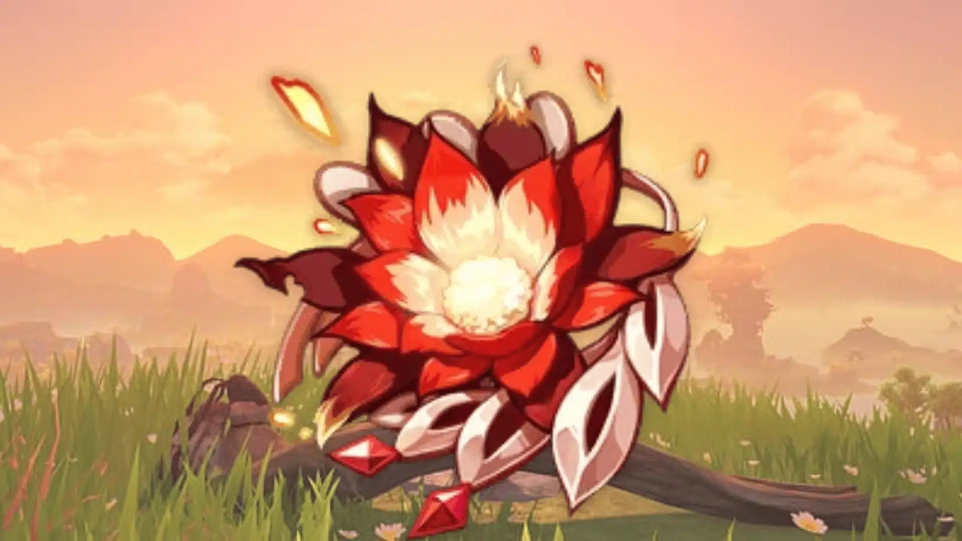 Crimson Witch of Flames artifact flower with red petals and a glowing center over a warm sunset landscape.
