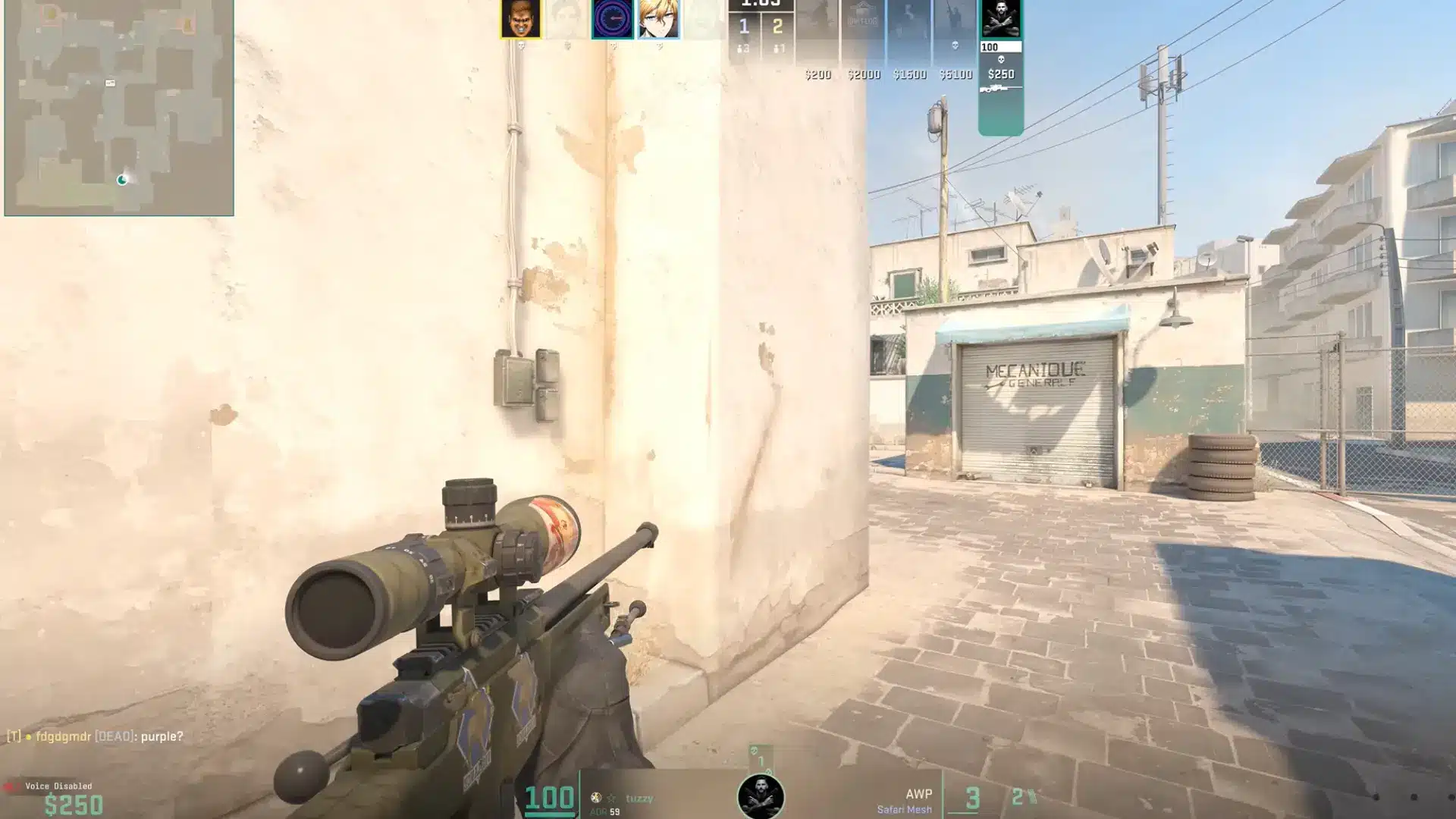CS2 gameplay screenshot showing a player holding an AWP sniper rifle on a bright urban map