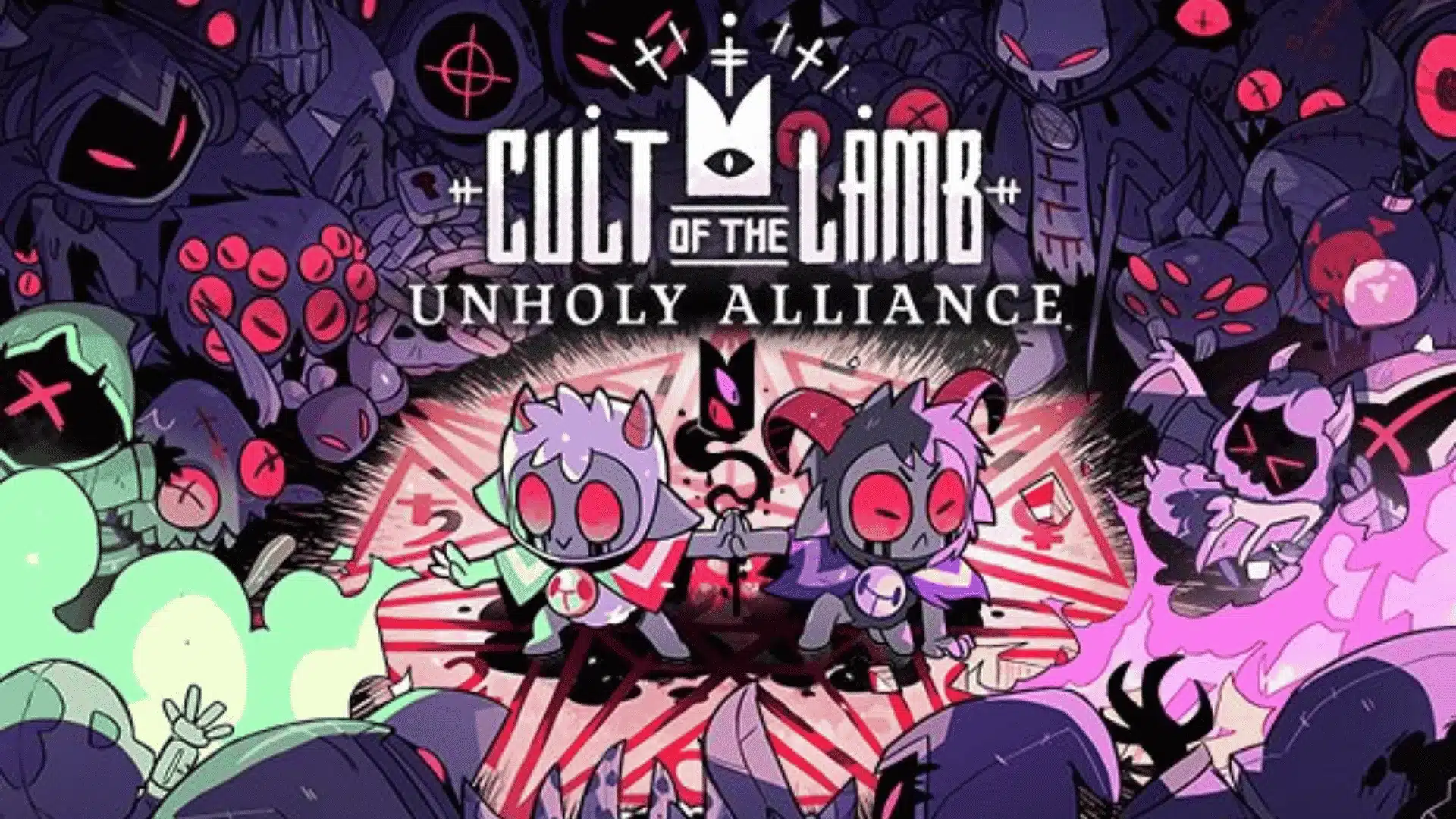 Cult of the Lamb cover art showing characters, enemies, and the unholy alliance in dark-cute style.