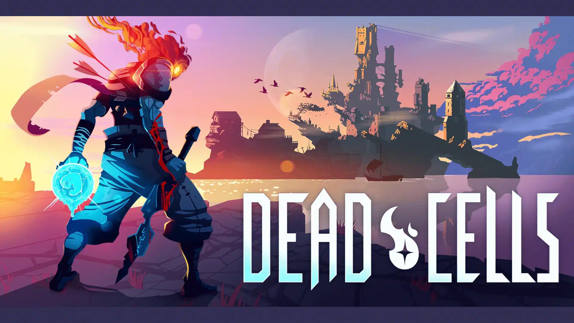 Dead Cells character stands ready with glowing weapon, overlooking a distant castle at sunset in action-packed scene.