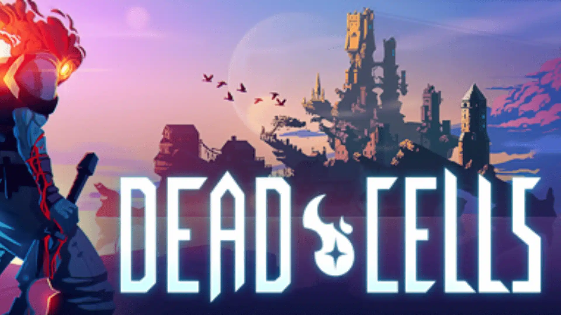 Dead Cells game artwork showing a glowing warrior, castle ruins, and the game logo in a fantasy landscape