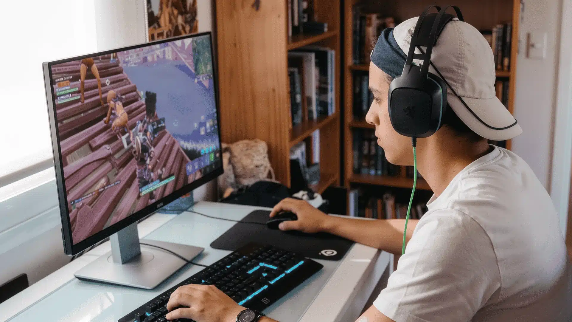 Gamer wearing a headset plays Fortnite on a monitor using a keyboard and mouse setup.