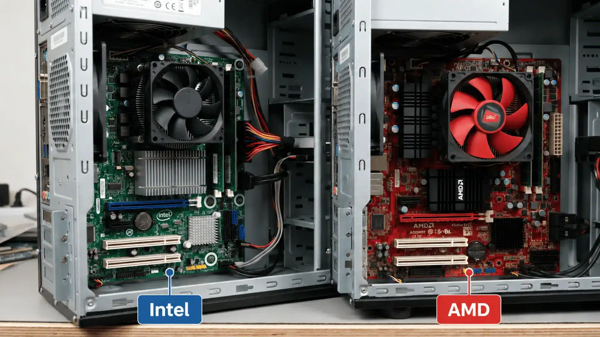 Intel and AMD CPUs on motherboards with heatsinks and fans for comparison