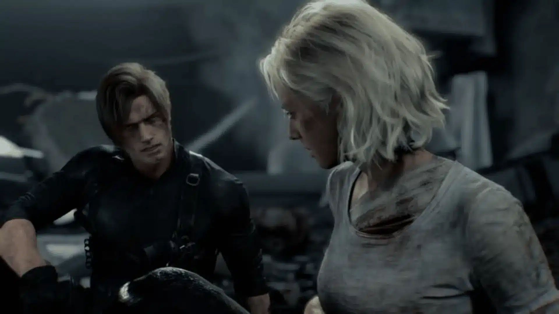 Leon and Grace sit amid rubble, both bloodied, highlighting tense action and tonal contrast in the scene.