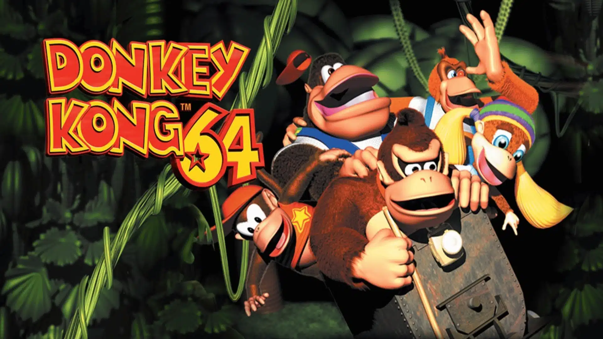Donkey Kong 64 artwork featuring Donkey Kong, Kongs, jungle setting, and the Nintendo 64 game logo.