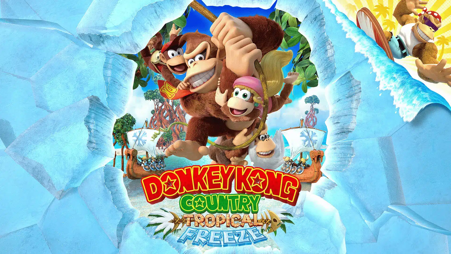 Donkey Kong Country: Tropical Freeze artwork showing Donkey Kong and friends in a frozen tropical island setting.