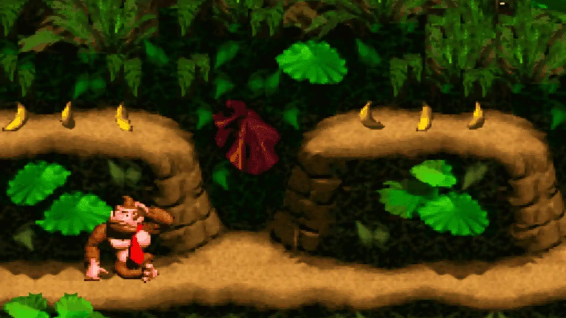 Donkey Kong Country SNES jungle level with Donkey Kong and banana trail