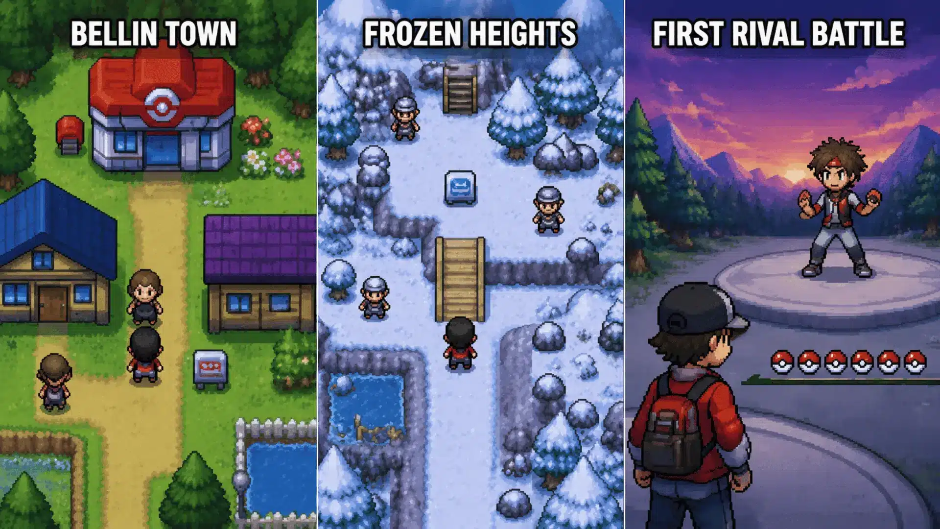 three pixel art panels from a monster catching role playing game showing bellin town, frozen heights, and a rival battle