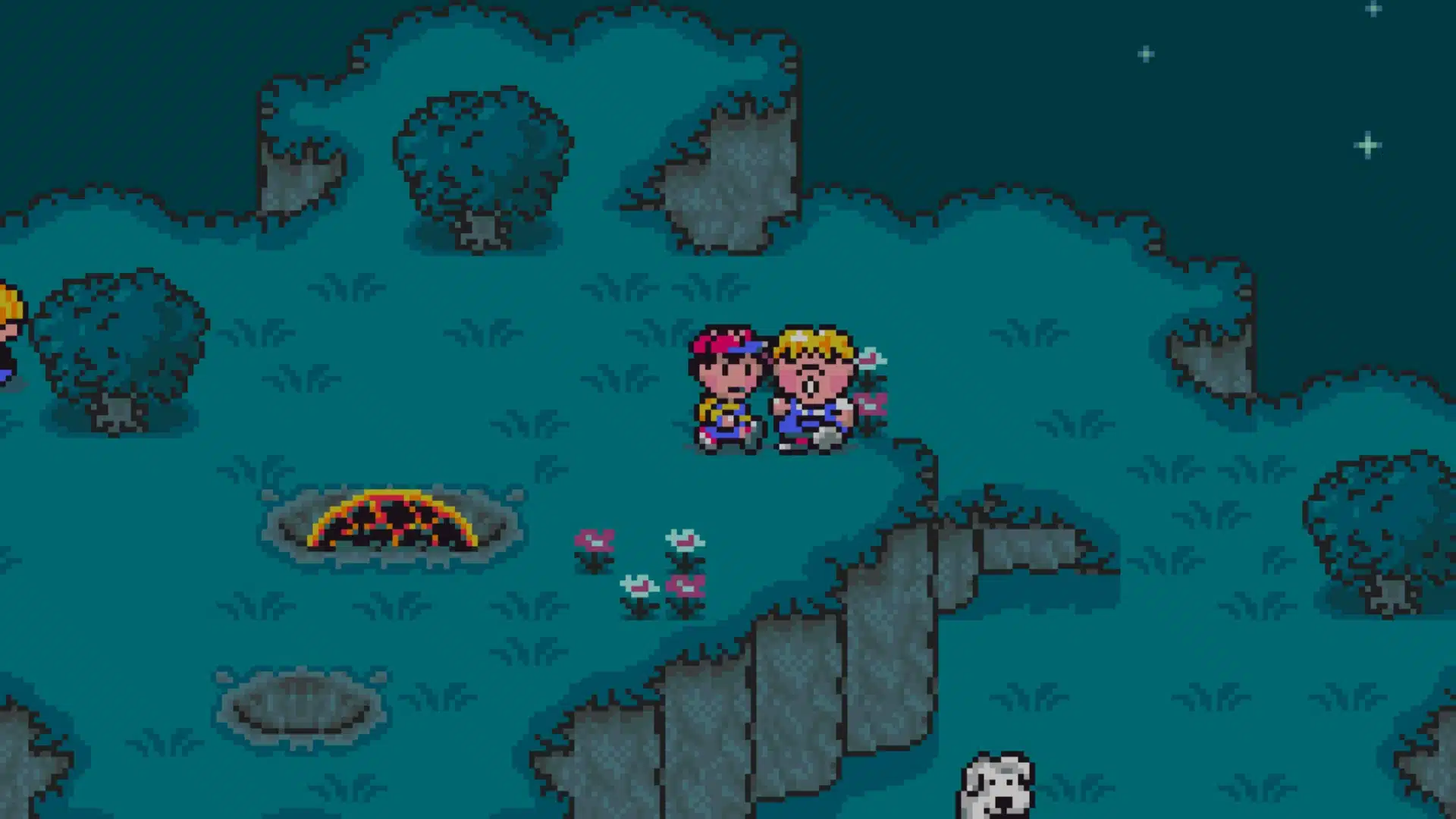 Earthbound SNES overworld exploration with Ness and Paula at night