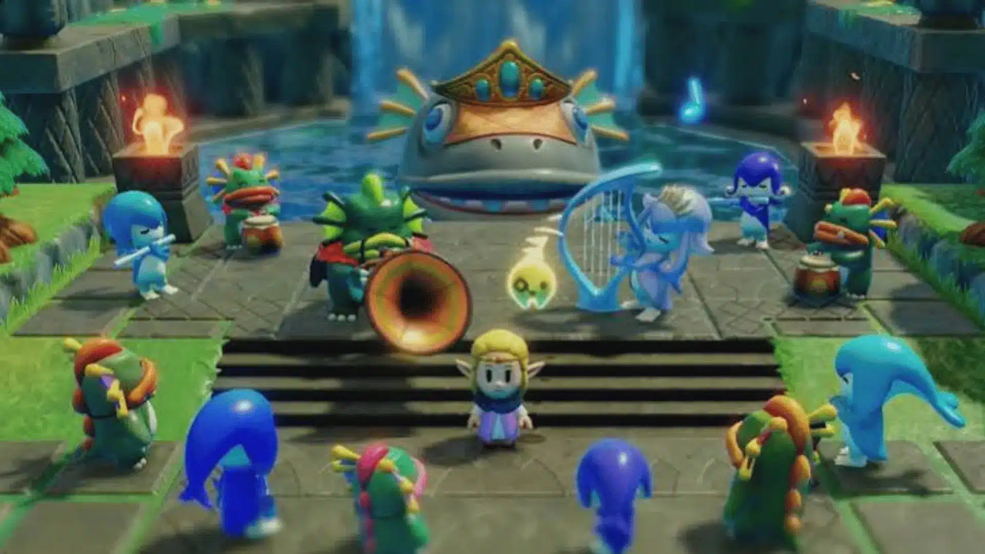 In-game scene from The Legend of Zelda: Echoes of Wisdom, showing Zelda surrounded by multiple summoned creatures and allies in a temple-like arena with a large boss structure in the background.