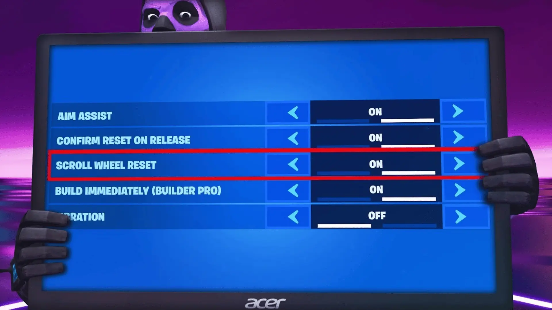 Fortnite settings menu on an Acer monitor showing the "Scroll Wheel Reset" option turned ON with a red highlight.