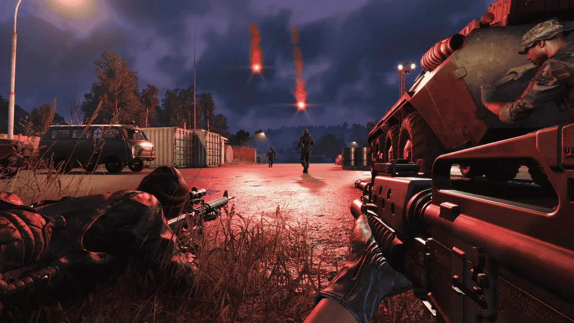 Wide view of terrain and lighting showing large map and realistic visuals.