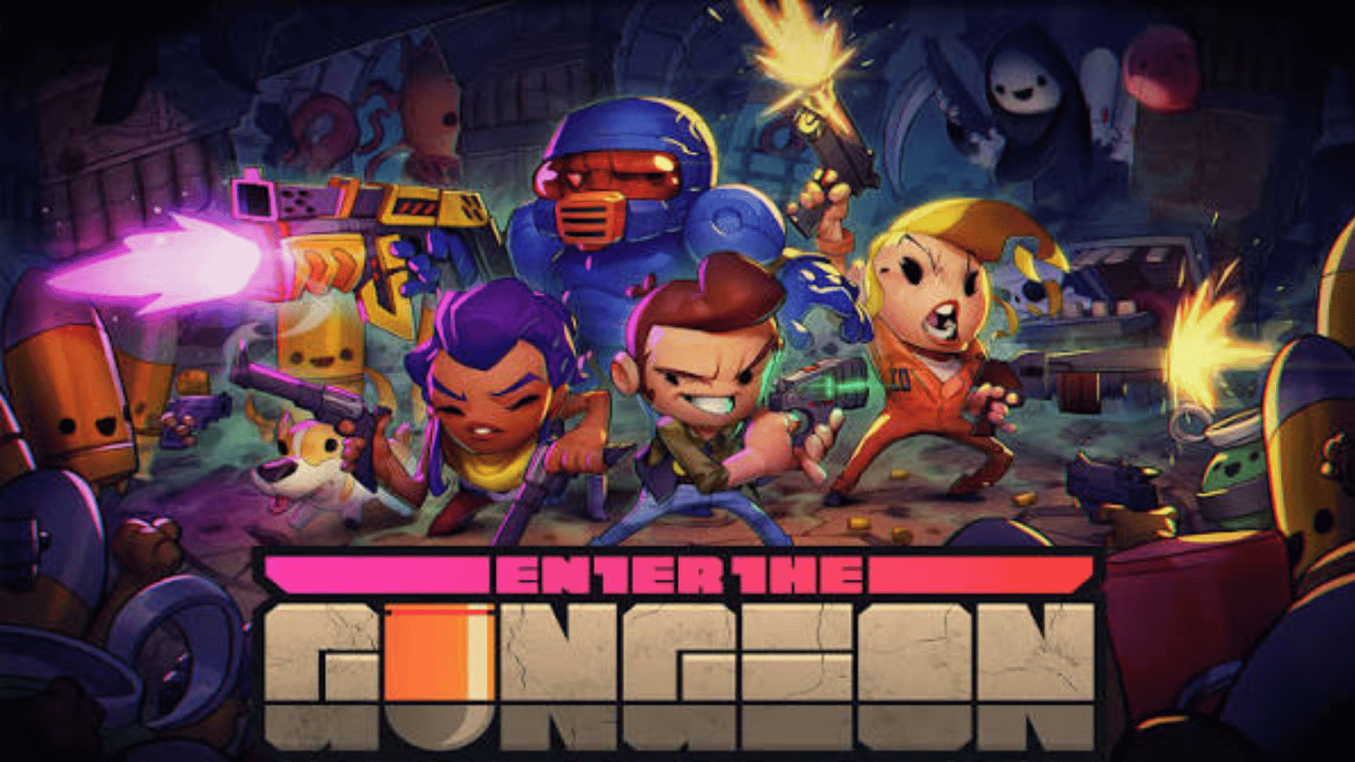 Enter the Gungeon game artwork featuring cartoon characters, weapons, enemies, and a colorful dungeon background