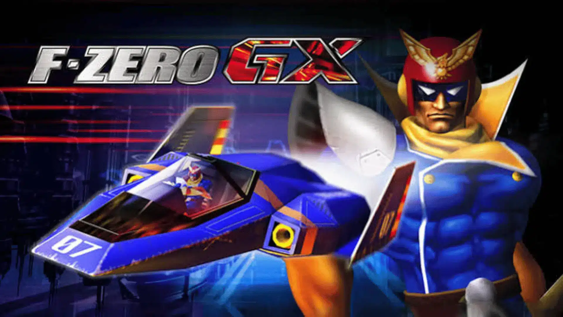 F-Zero GX game poster showing advanced racing vehicle with character standing on the right