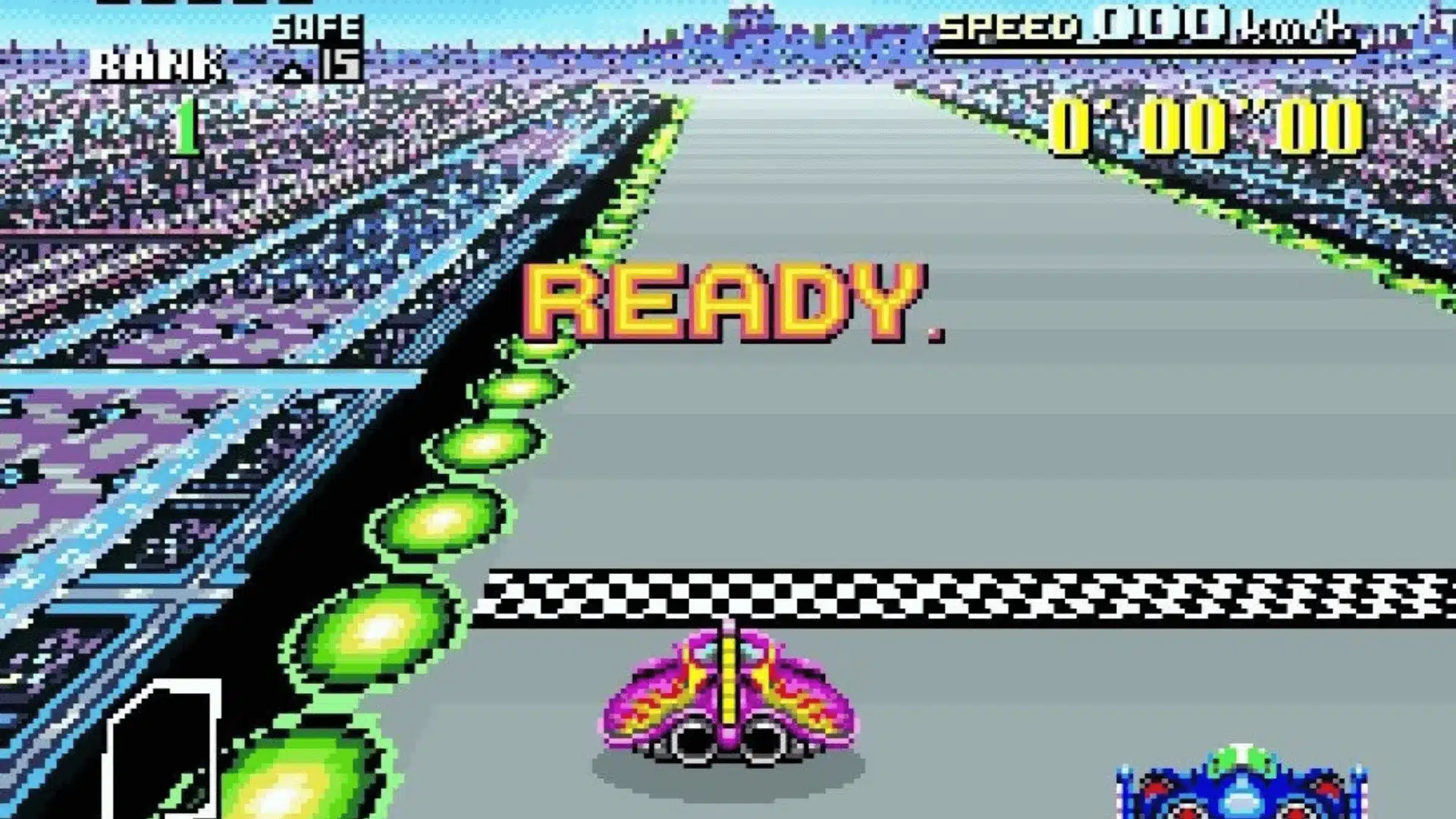 F-Zero SNES racing gameplay with hovercraft at starting line on oval track