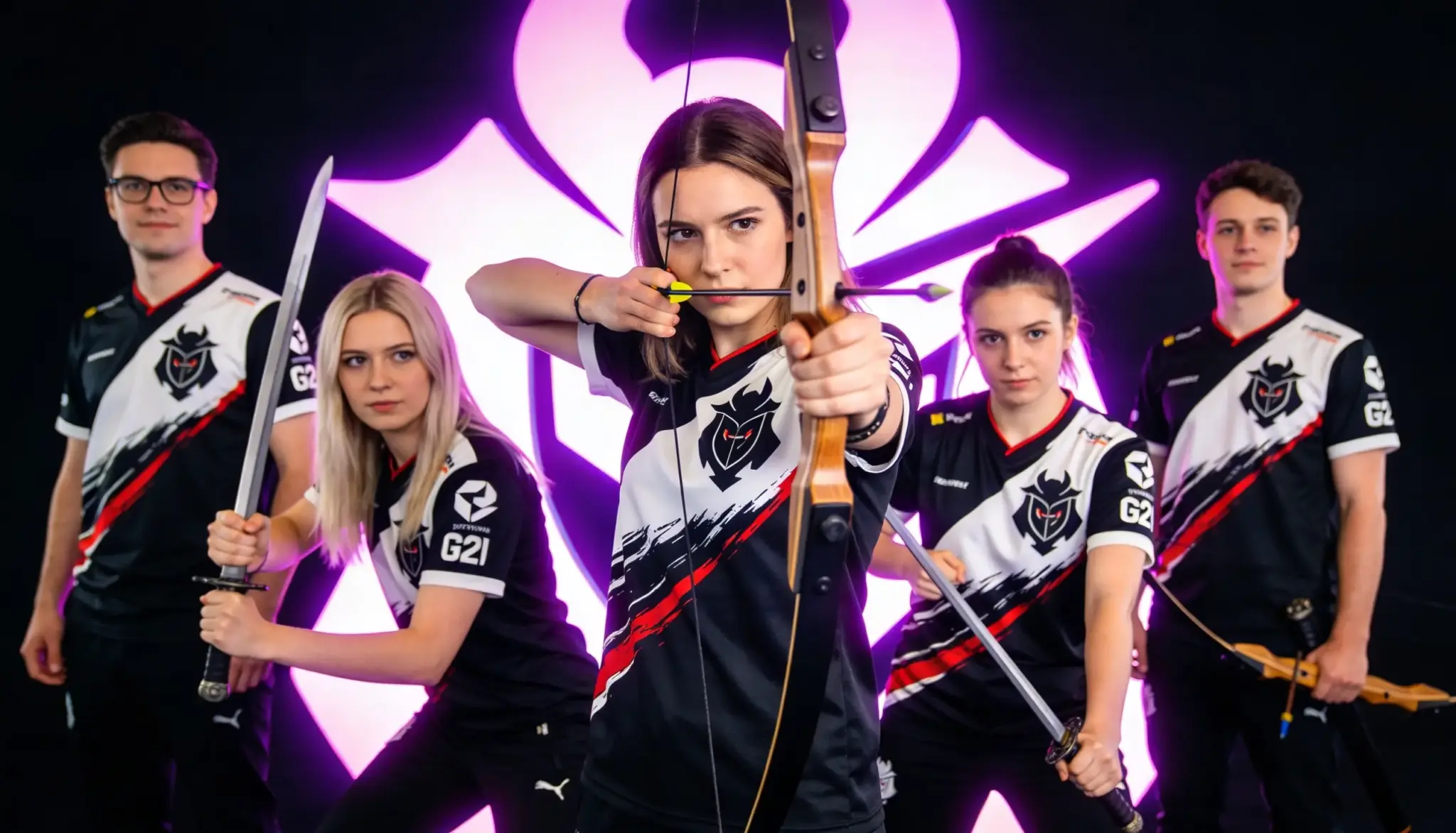 Esports players in matching black and white jerseys posing with medieval weapons against a purple glowing emblem backdrop.