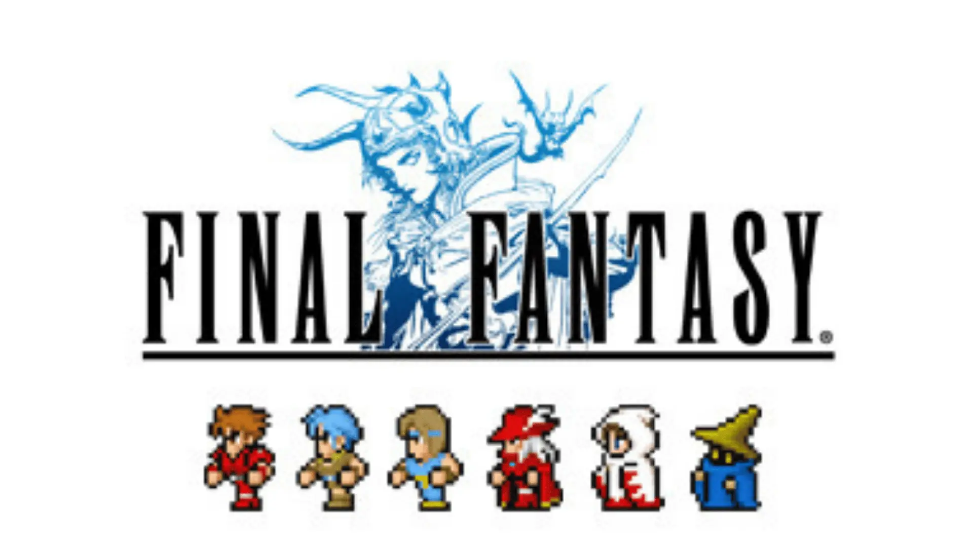 Final Fantasy logo in black with blue illustration of a warrior and six pixel-art characters lined up beneath