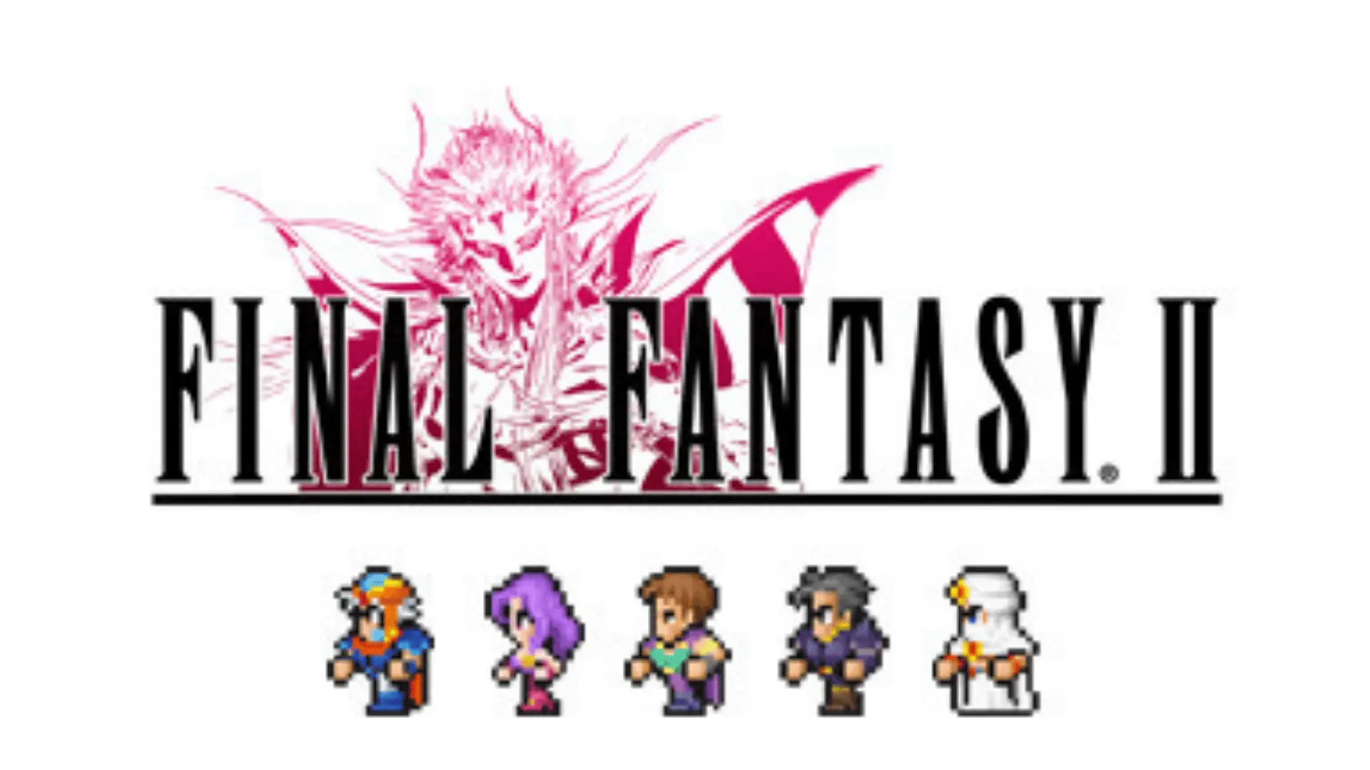 Final Fantasy II logo in black with red illustration of a horned figure and five pixel-art characters standing beneath it