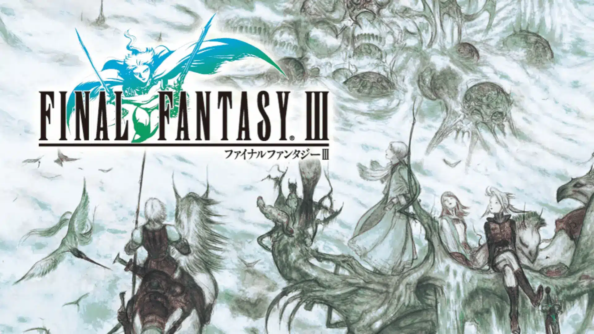 Final Fantasy III logo over fantasy artwork with characters riding creatures in a misty sky-themed illustration, green-blue tones