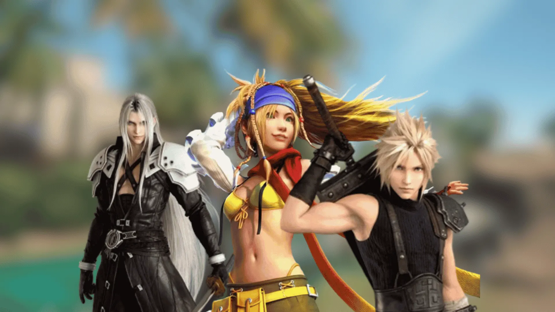 Final Fantasy characters Sephiroth, blonde female warrior, and Cloud Strife in group pose