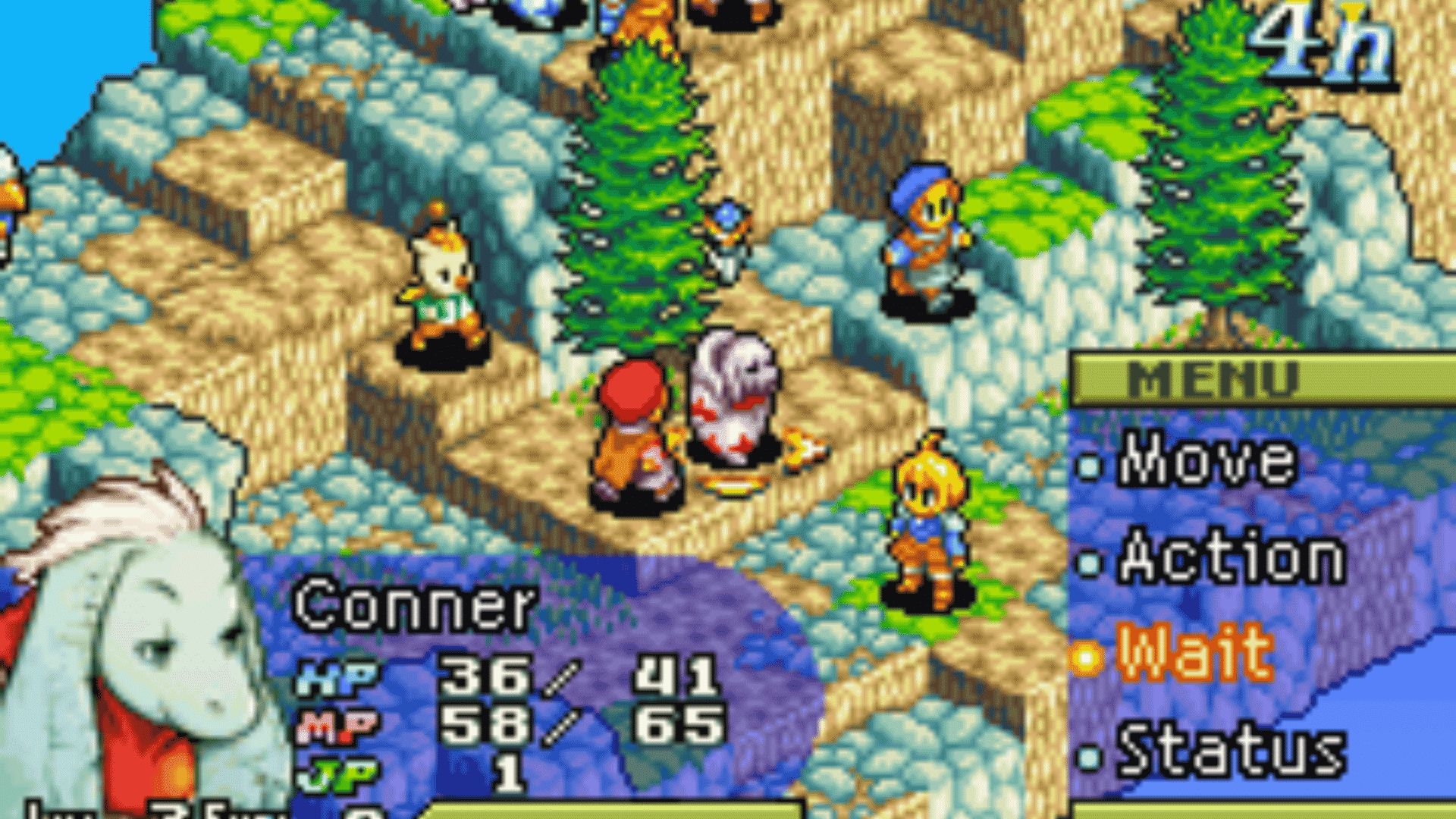 Isometric tactics RPG gameplay with character Conner's stats shown and a menu displaying Move, Action, Wait, and Status options.