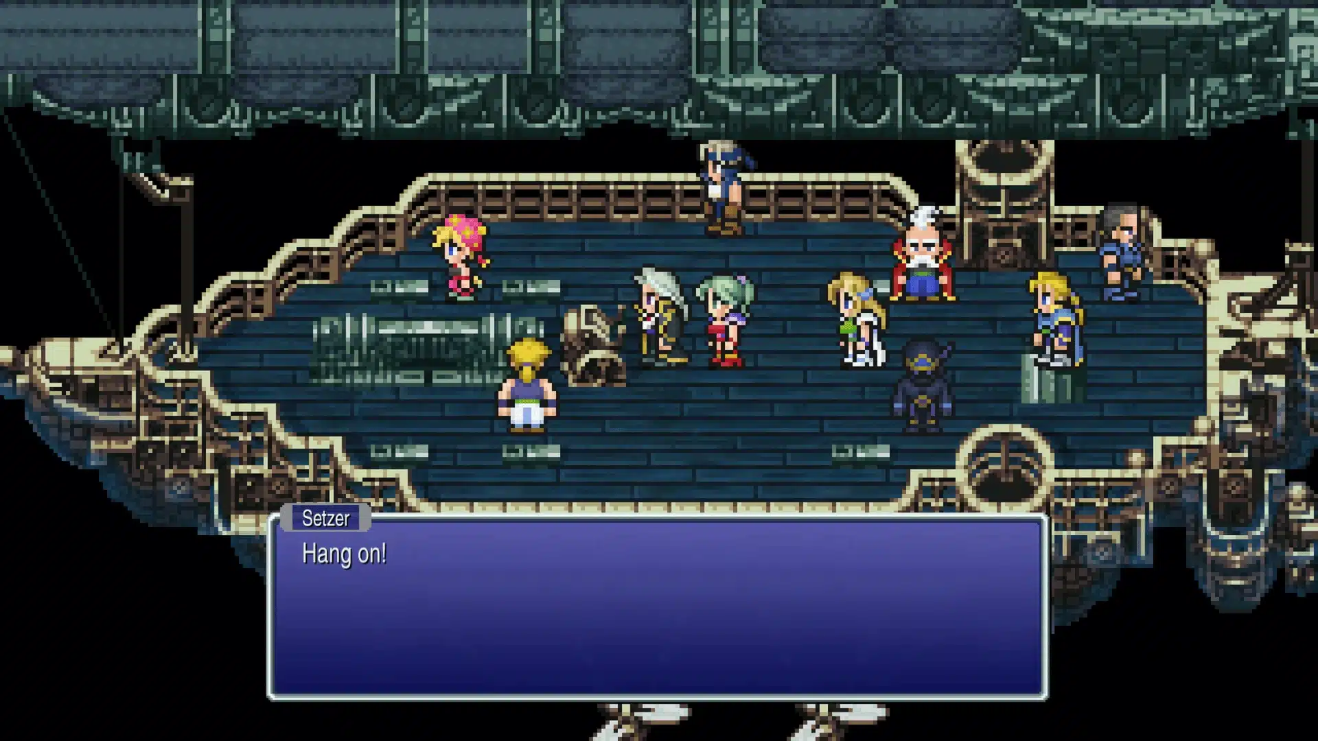 Final Fantasy VI SNES ensemble cast scene aboard Setzer airship