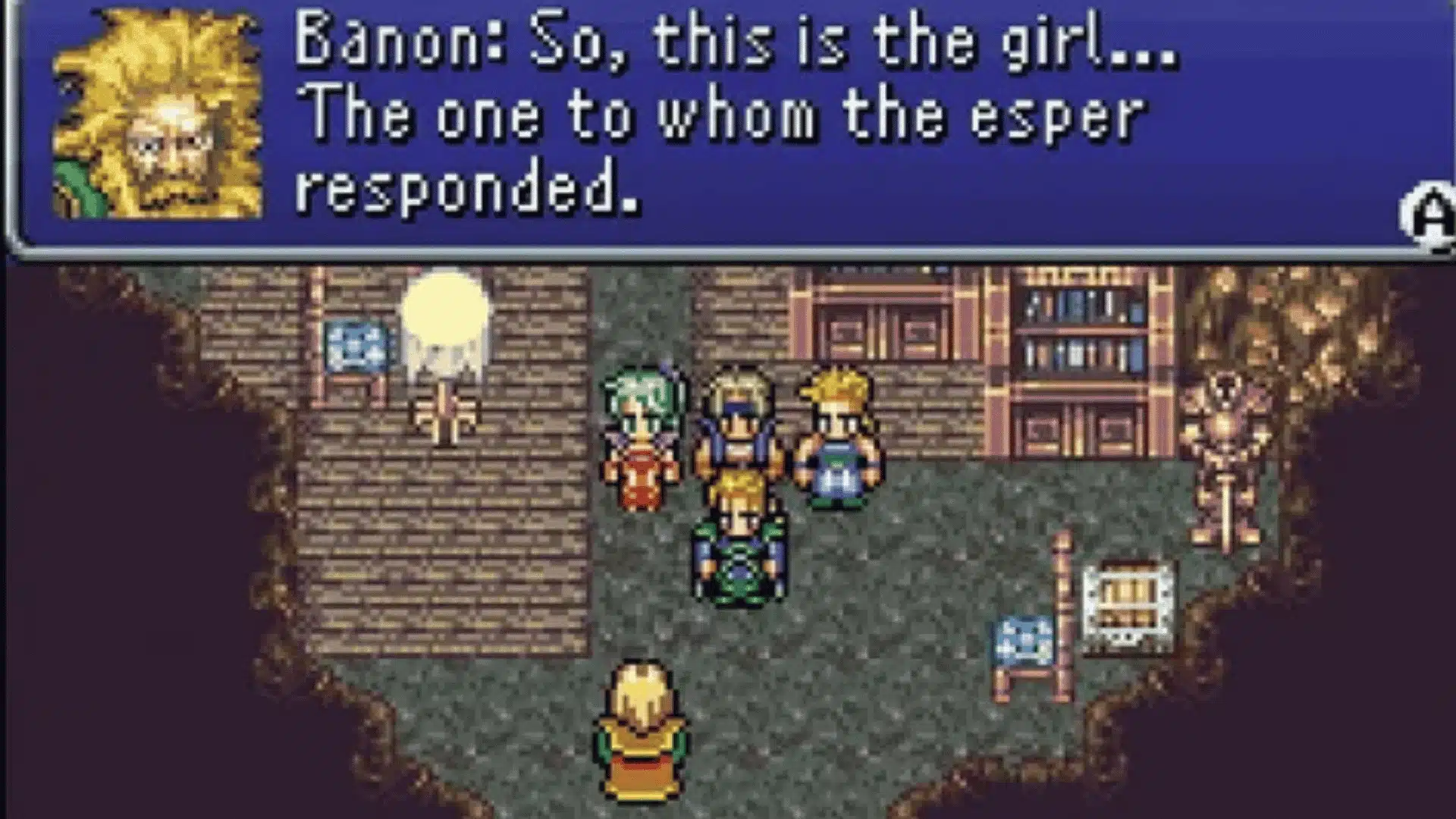 Final Fantasy VI GBA scene: Banon remarks on the girl the esper responded to, as pixel characters gather in a stone library.