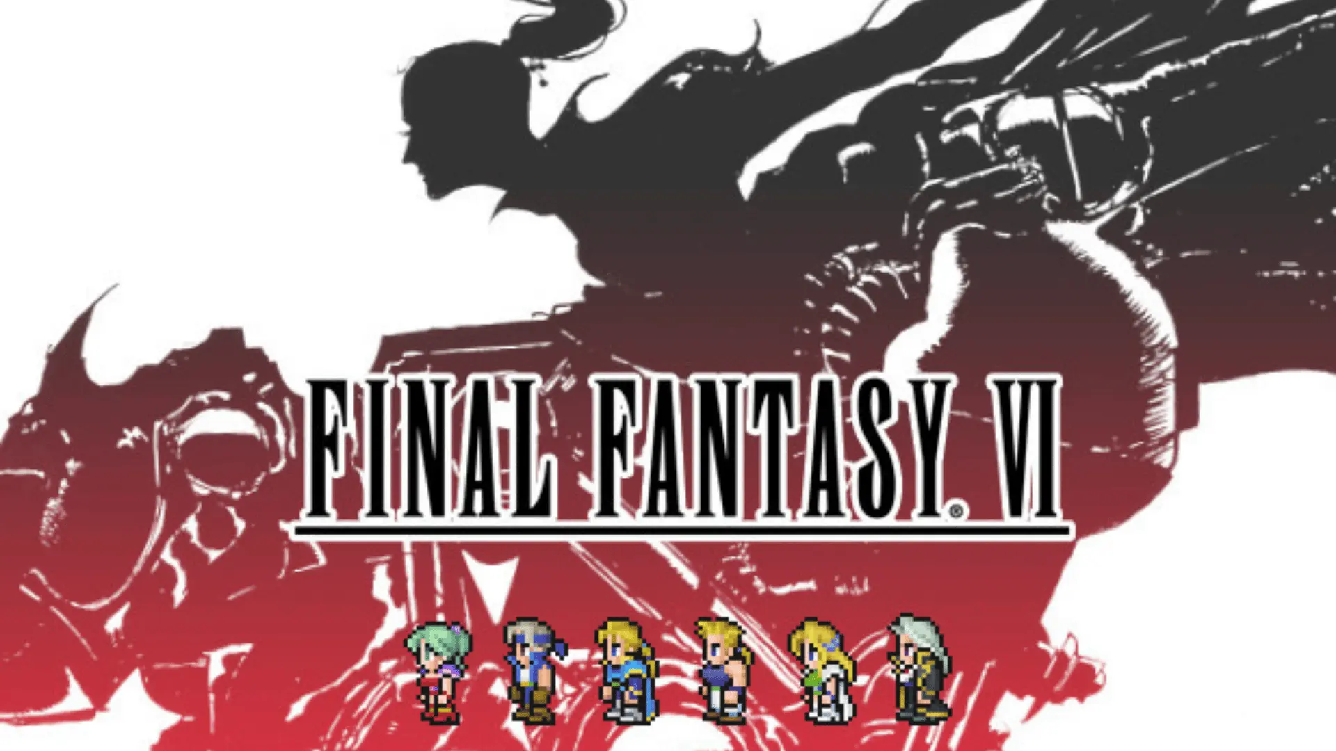 Final Fantasy VI logo over red background with shadowed figure and six pixel-art party members lined along the bottom