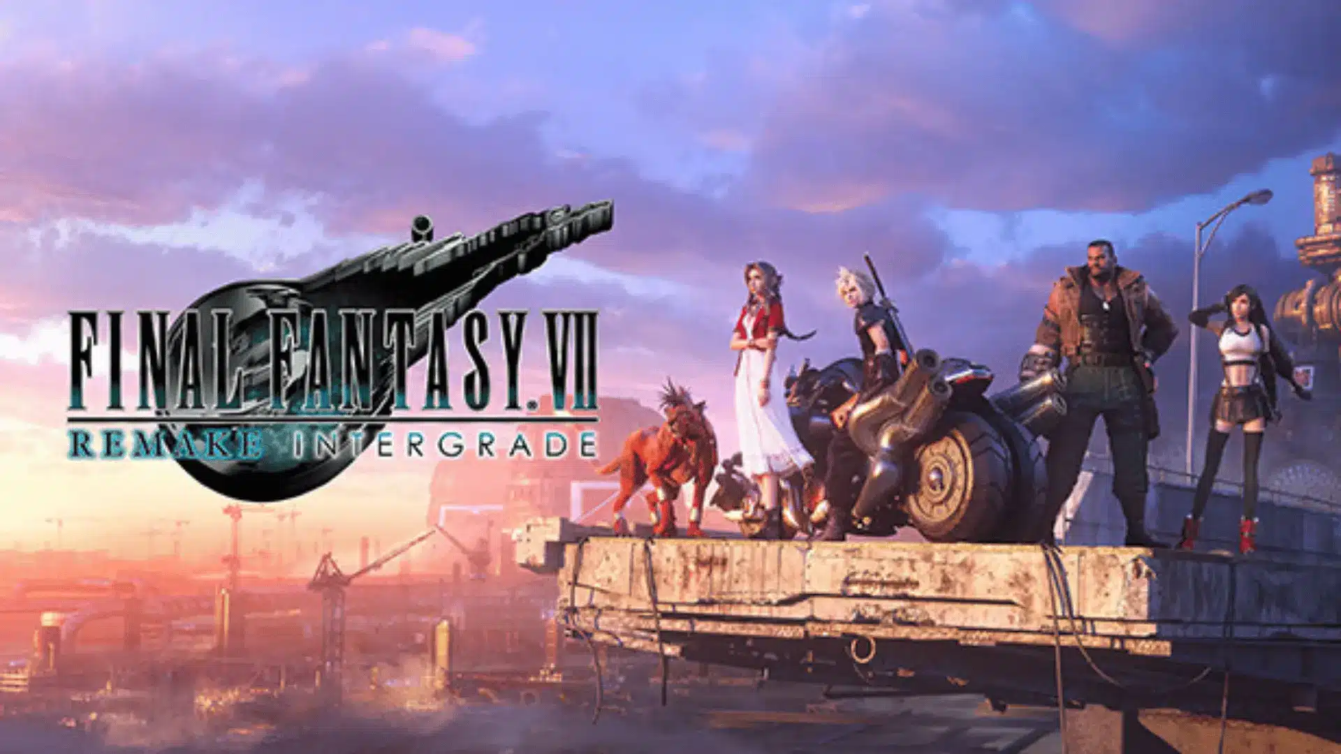 Final Fantasy VII Remake Intergrade artwork with Cloud and party standing on a rooftop platform overlooking a sunset cityscape