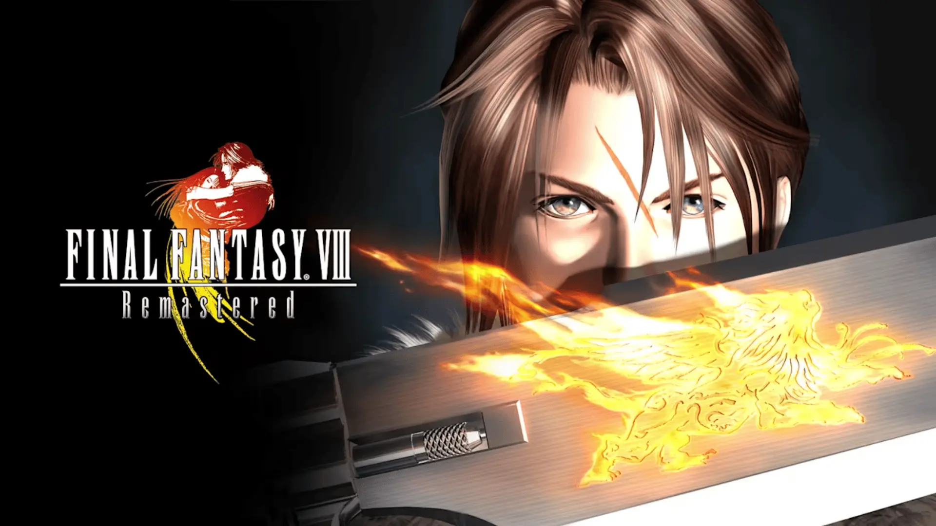 Final Fantasy VIII Remastered key art showing Squall Leonhart with gunblade, fiery lion emblem, and game logo on dark background