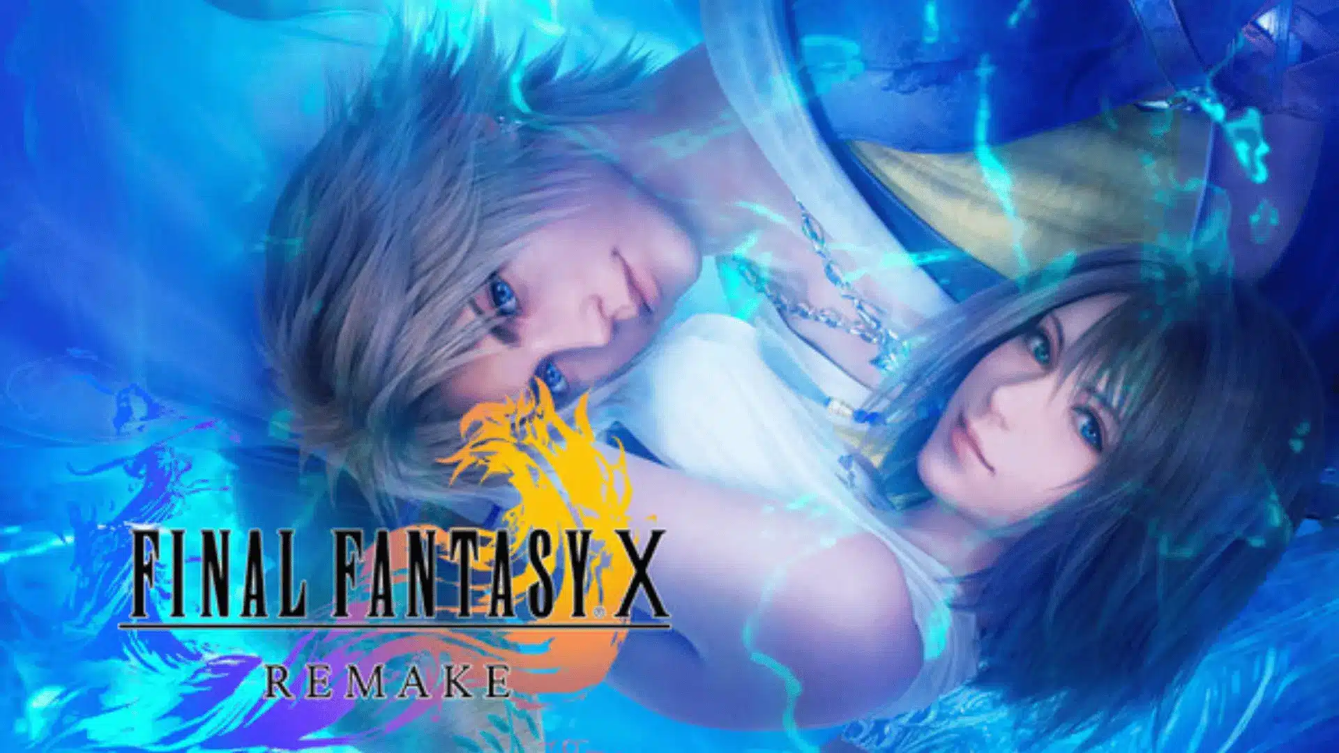 Final Fantasy X Remake key art showing Tidus and Yuna floating underwater in blue light with game logo at bottom left