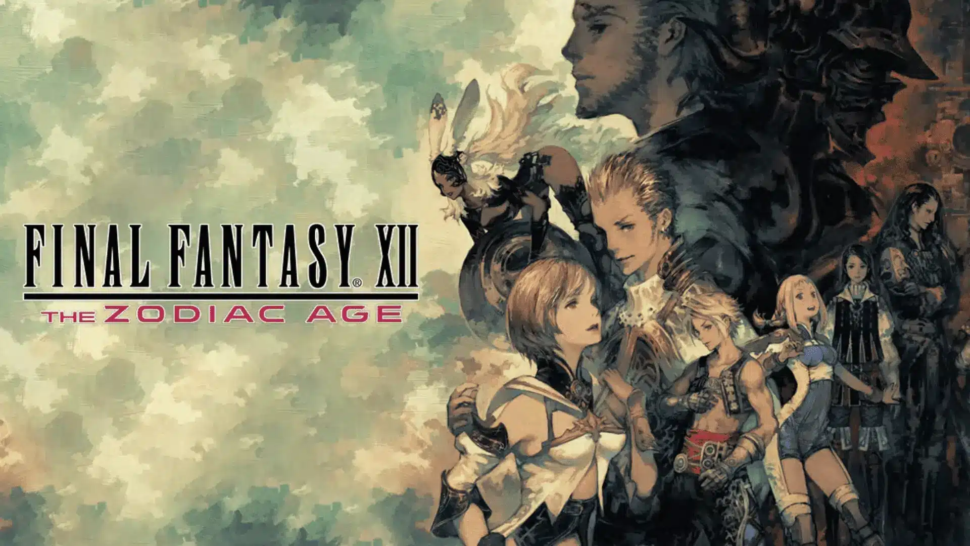 Final Fantasy XII: Zodiac Age showing party ensemble including Ashe, Vaan, Balthier, Fran, Basch in painterly sky backdrop