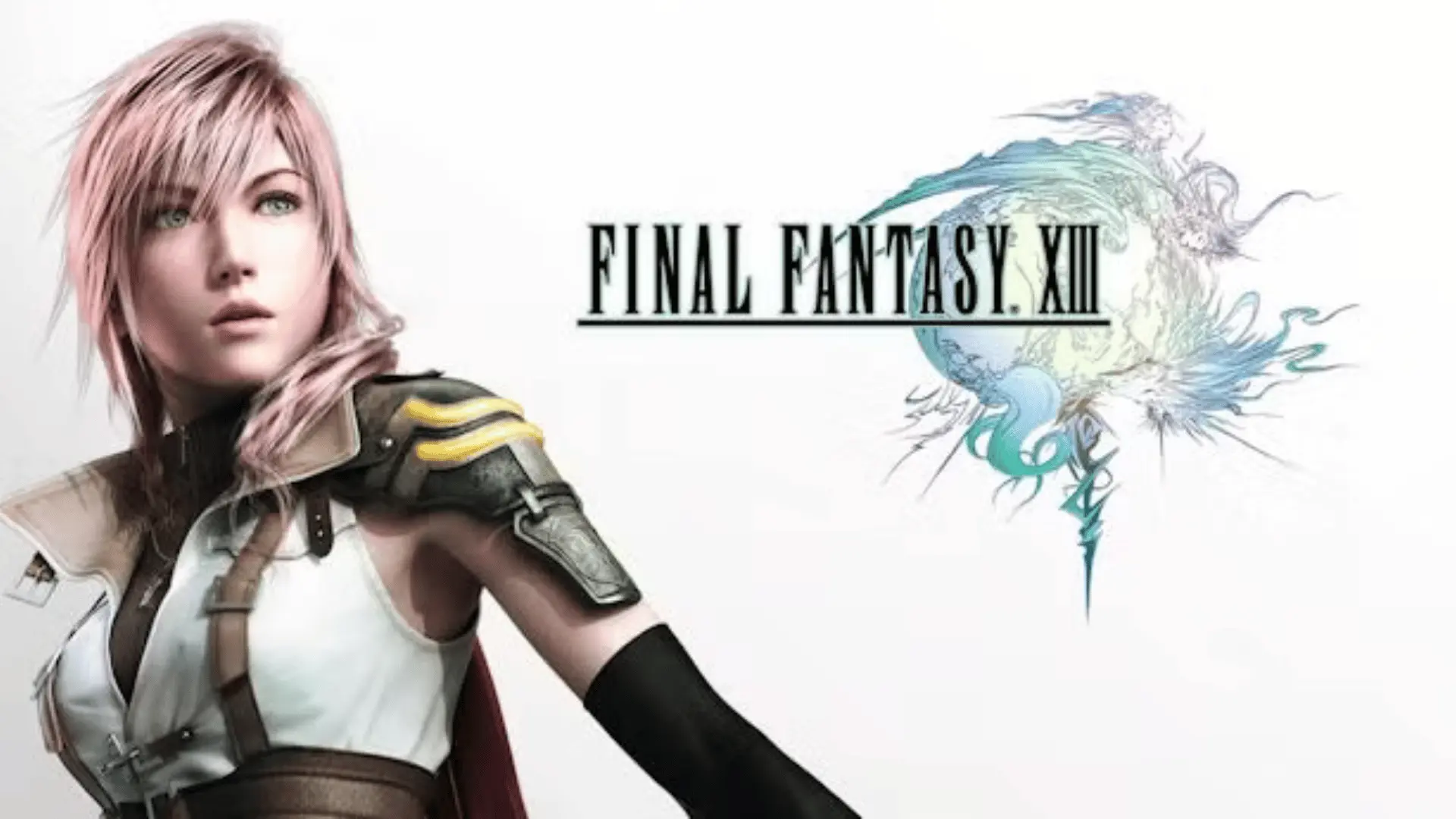 Final Fantasy XIII key art featuring Lightning with pink hair in armor on the left and the game logo with ethereal crystal motif on a white background