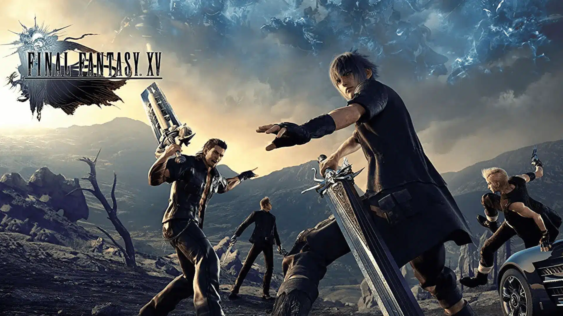 Final Fantasy XV key art showing Noctis and party in battle stance on rugged landscape beneath a stormy sky with monsters above