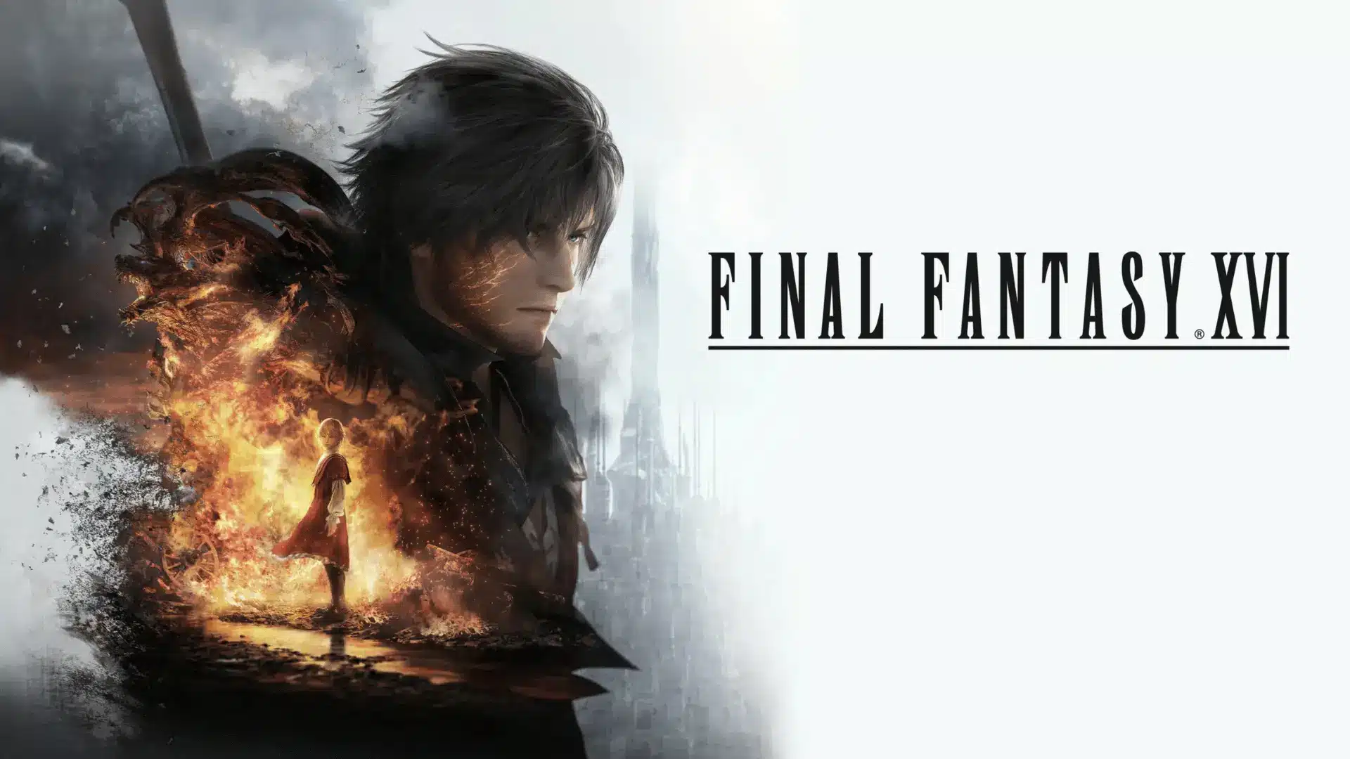 Final Fantasy XVI key art showing Clive Rosfield in profile with fiery transformation aura and the game logo on a stark white background