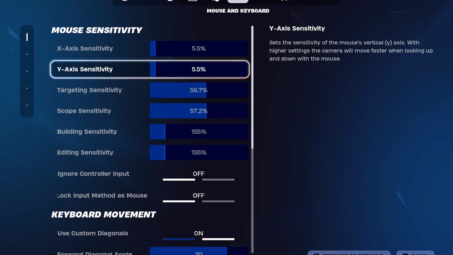 Fortnite mouse and keyboard sensitivity settings menu showing aim, building, and editing controls.